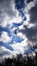 Low angle view of bare trees against cloudy sky