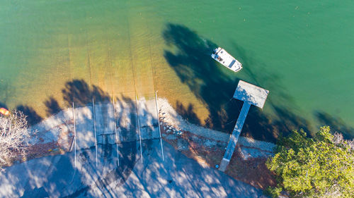 High angle view of text on lake