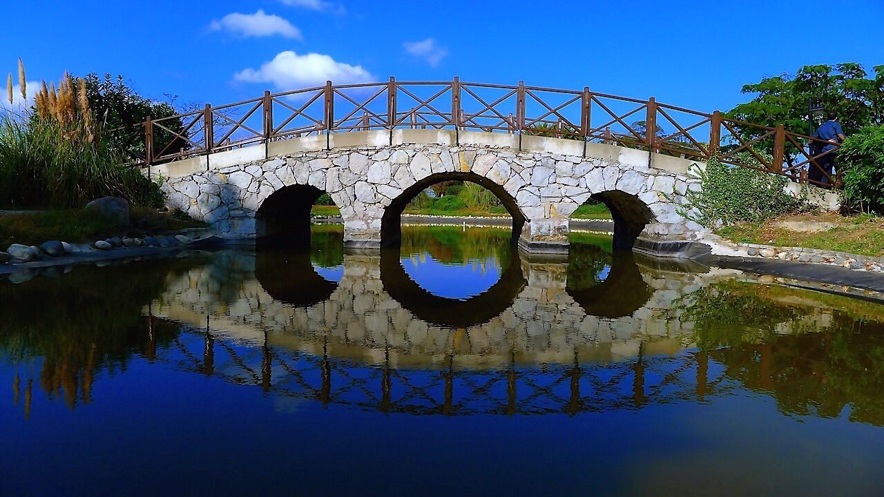 water, architecture, built structure, reflection, connection, tree, bridge - man made structure, river, arch, arch bridge, sky, blue, bridge, waterfront, transportation, lake, standing water, no people, outdoors, day