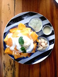 High angle view of food in plate on table