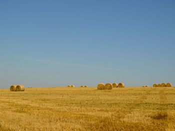 Hay bales on field against clear sky