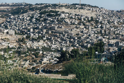 High angle view of buildings in city