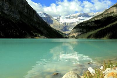 Scenic view of lake by mountains against sky