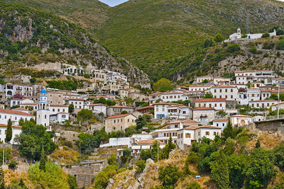 High angle view of buildings in town