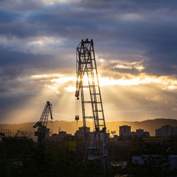 Silhouette ferris wheel by buildings against sky during sunset