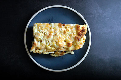 High angle view of mac and cheese served in plate