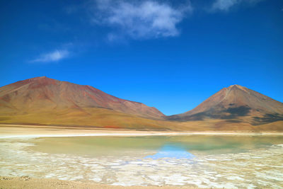 Scenic view of lake and mountains against blue sky