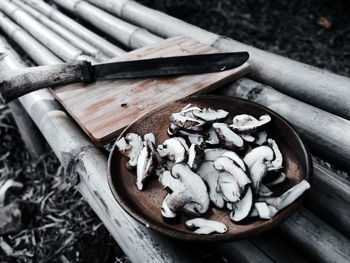 High angle view of mushrooms in container