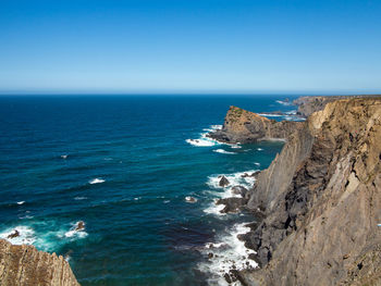 Scenic view of sea against clear blue sky