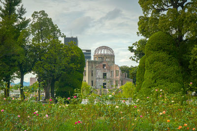 View of plants and buildings against cloudy sky
