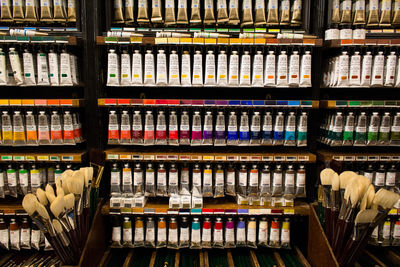 Full frame shot of painting equipment for sale at store