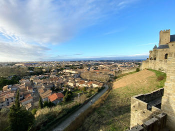 High angle view of townscape against sky