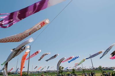 Low angle view of flags against sky