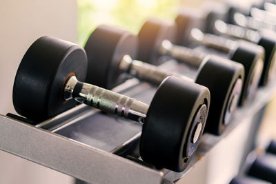 Close-up of dumbbells in gym