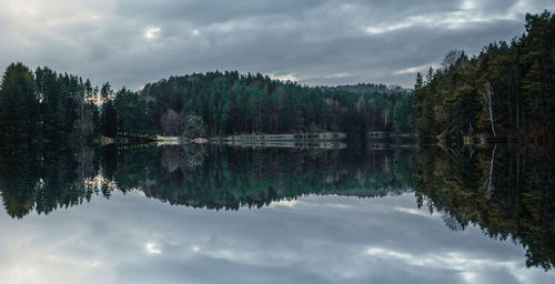 Scenic view of lake by trees against sky