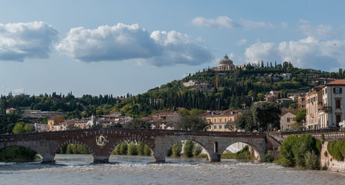 Bridge over river in town against sky