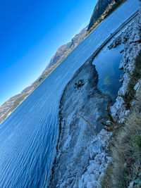 Scenic view of sea against clear blue sky