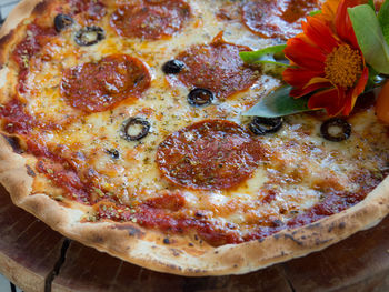 High angle view of pizza on table