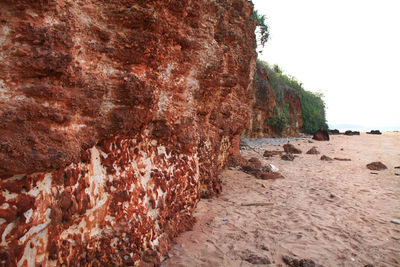 Rock formation on beach against sky