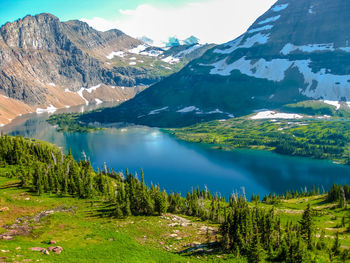 Scenic view of lake and mountains against sky