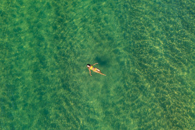 Aerial view of a girl swimming in the sea of koh rong island, cambodia