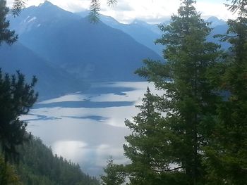 Scenic view of trees and mountains against sky