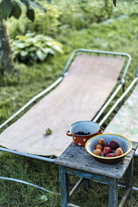 High angle view of fruits in bowl on table