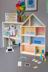 High angle view of toys on table