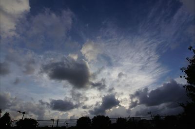 Low angle view of power lines against cloudy sky