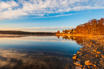 Scenic view of lake against sky during sunset