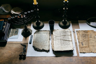 High angle view of books on table