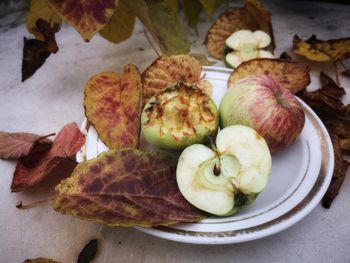 High angle view of fruits in plate on table