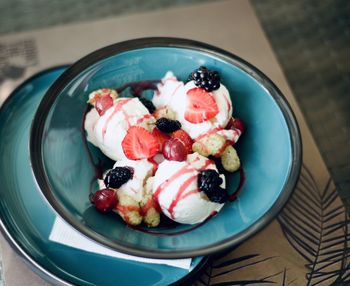 High angle view of dessert in plate on table