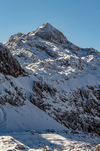 Scenic view of snowcapped mountains against clear sky