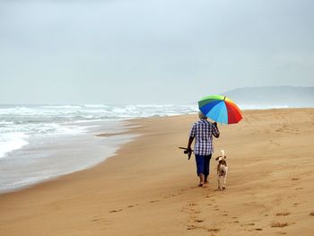 Rear view of men on beach against sky