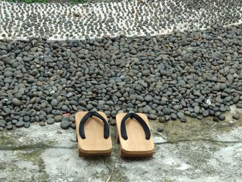 High angle view of stones on pebbles