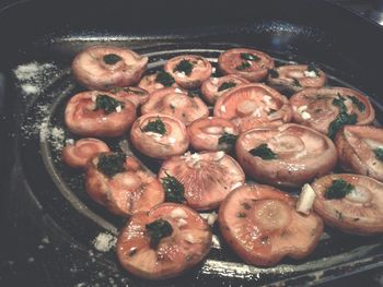 High angle view of meat in cooking pan