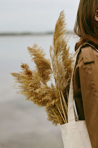 Rear view of woman standing by plants against sky