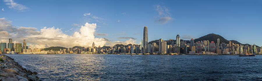 Panorama view of hong kong cityscape at sunset