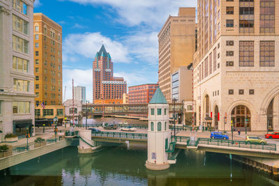 Bridge over river amidst buildings in city