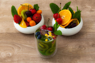 High angle view of fruits in bowl on table