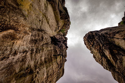 Low angle view of rocky mountains against sky