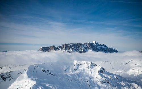 Scenic view of snow mountains against blue sky