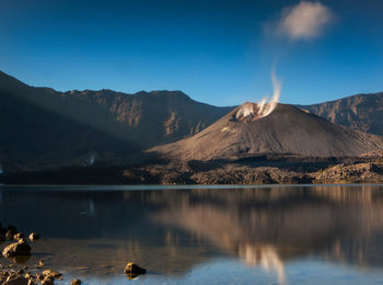 Scenic view of lake and mountains against blue sky