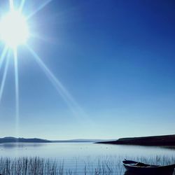 Scenic view of lake against bright sun