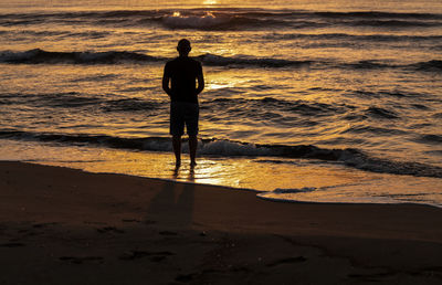 Rear view of silhouette man standing at beach during sunset