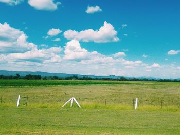 Scenic view of grassy field against sky