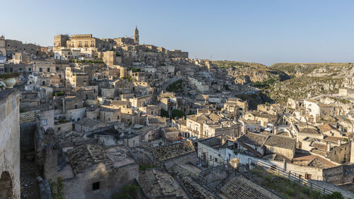 High angle shot of townscape against clear sky