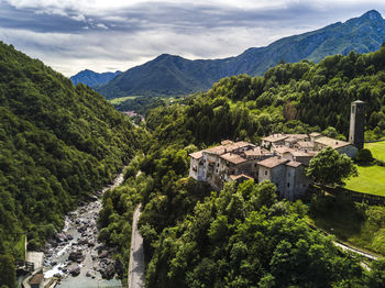 High angle view of mountains against sky