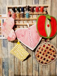 High angle view of multi colored umbrellas on table